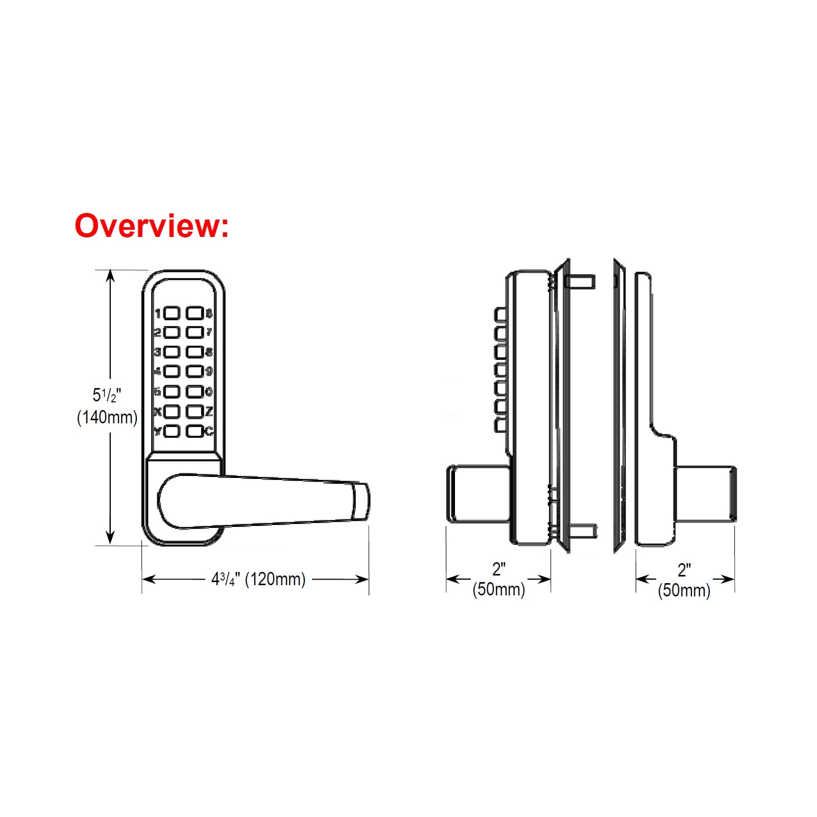 Seco-Larm Mechanical Keypad Door Lock.  Fully mechanical (no power required), non-handed operation, free exit from secured side, US26D finish.