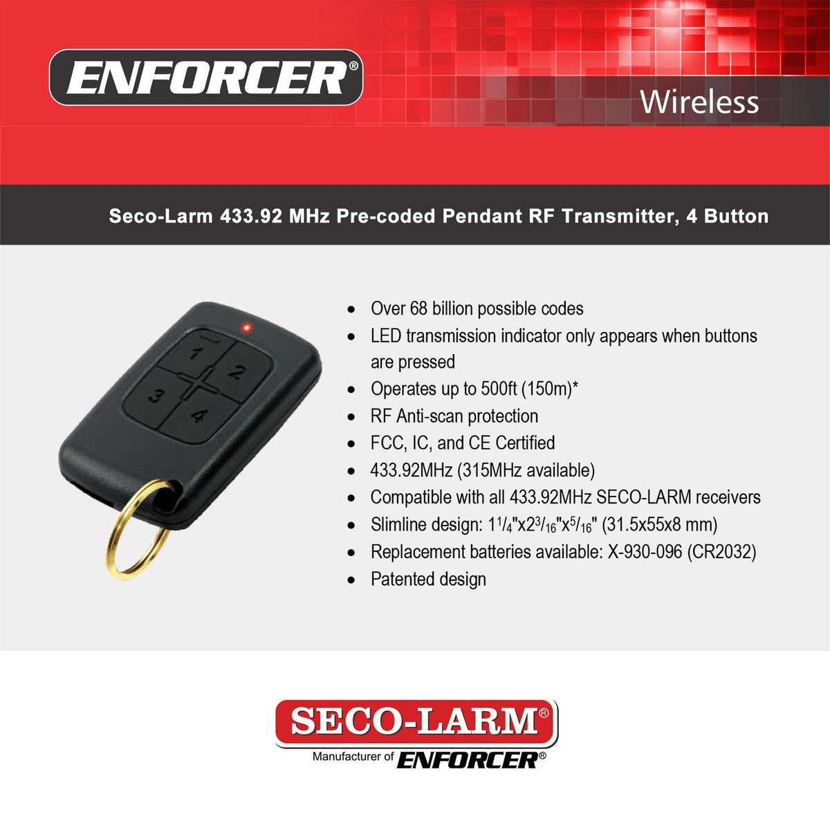 Seco-Larm 4-Button, 15-Channel RF Transmitter, Pendant, 433.92MHz, Pre-coded