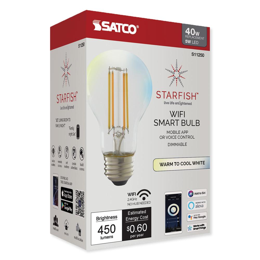 SATCO Starfish Wi-Fi Dimmable LED A19 Clear Tunable White Filament Bulb, 120v/450lm/40w