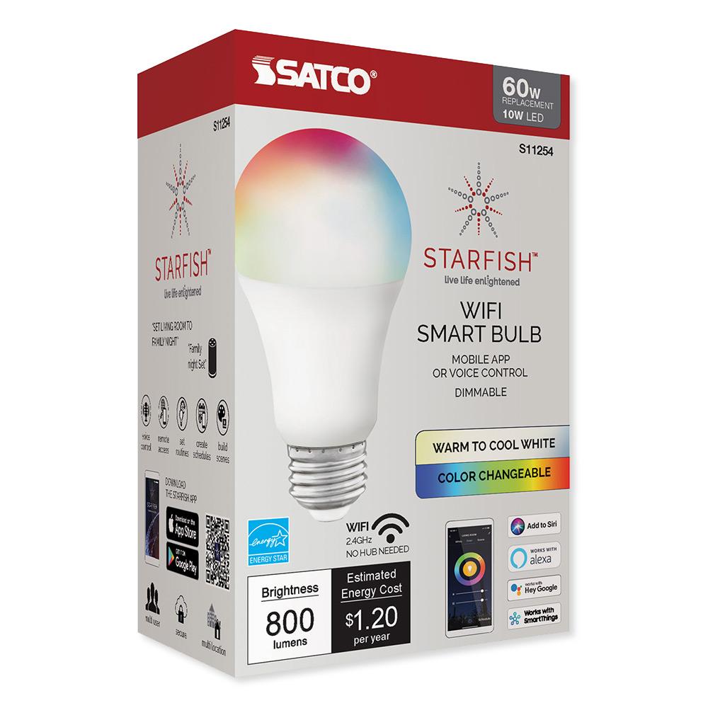 SATCO Starfish Wi-Fi LED A19 RGB & Tunable White T20 Smart Bulb, 120v/800lm/60w