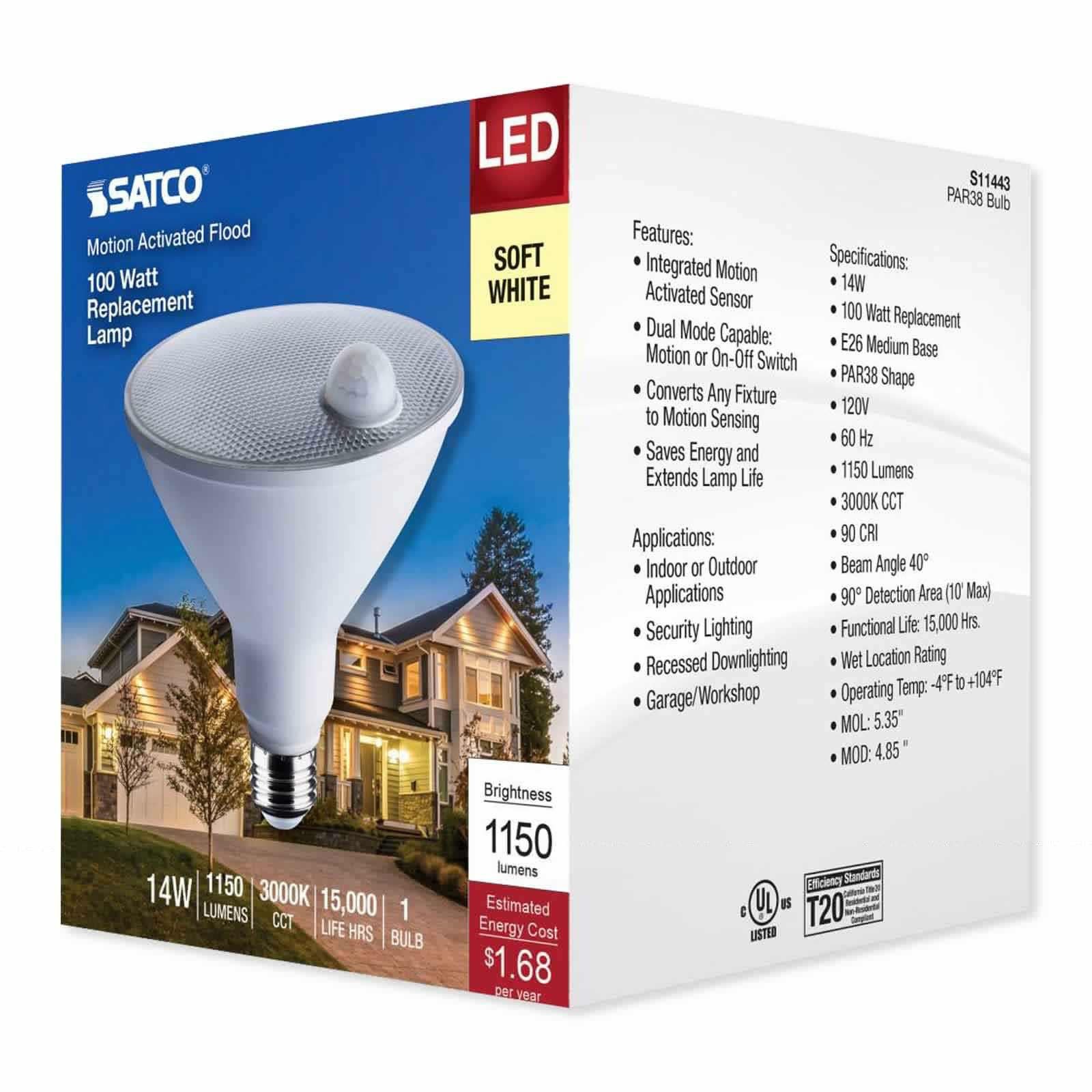 SATCO LED PIR Sensor Lamp, PAR 38, 5000K