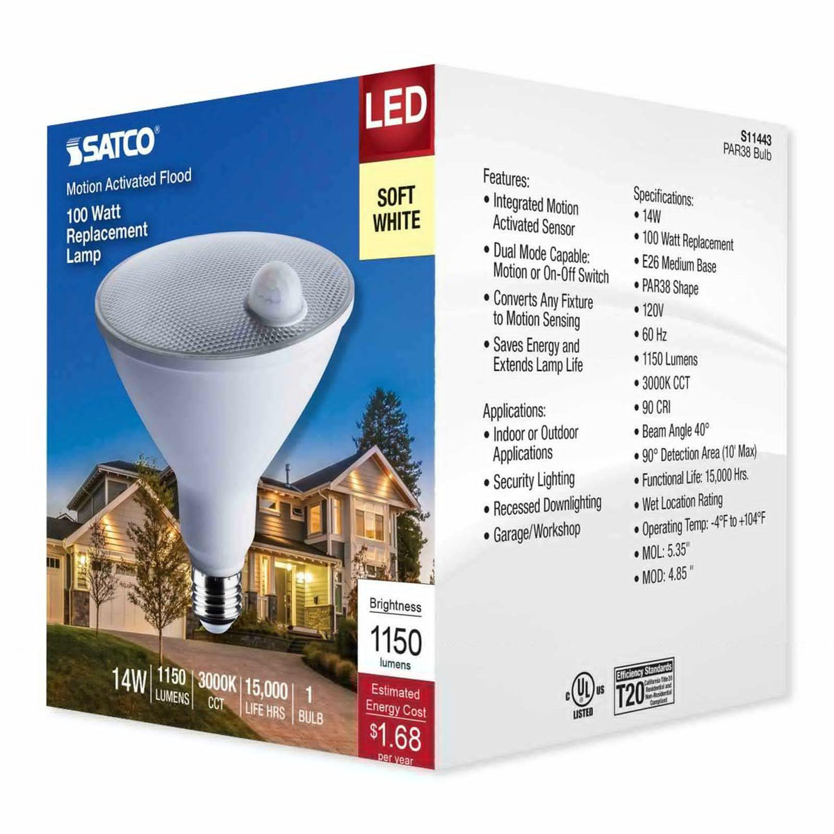 SATCO LED PIR Sensor Lamp, PAR 38, 5000K
