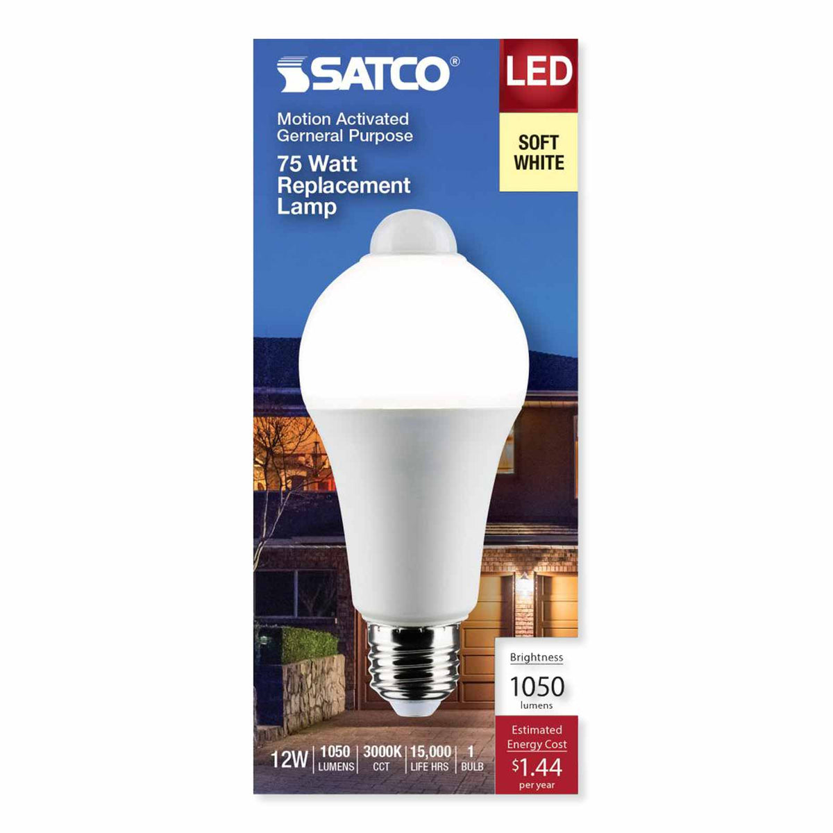 Satco LED PIR Sensor Lamp, A19, 5000K