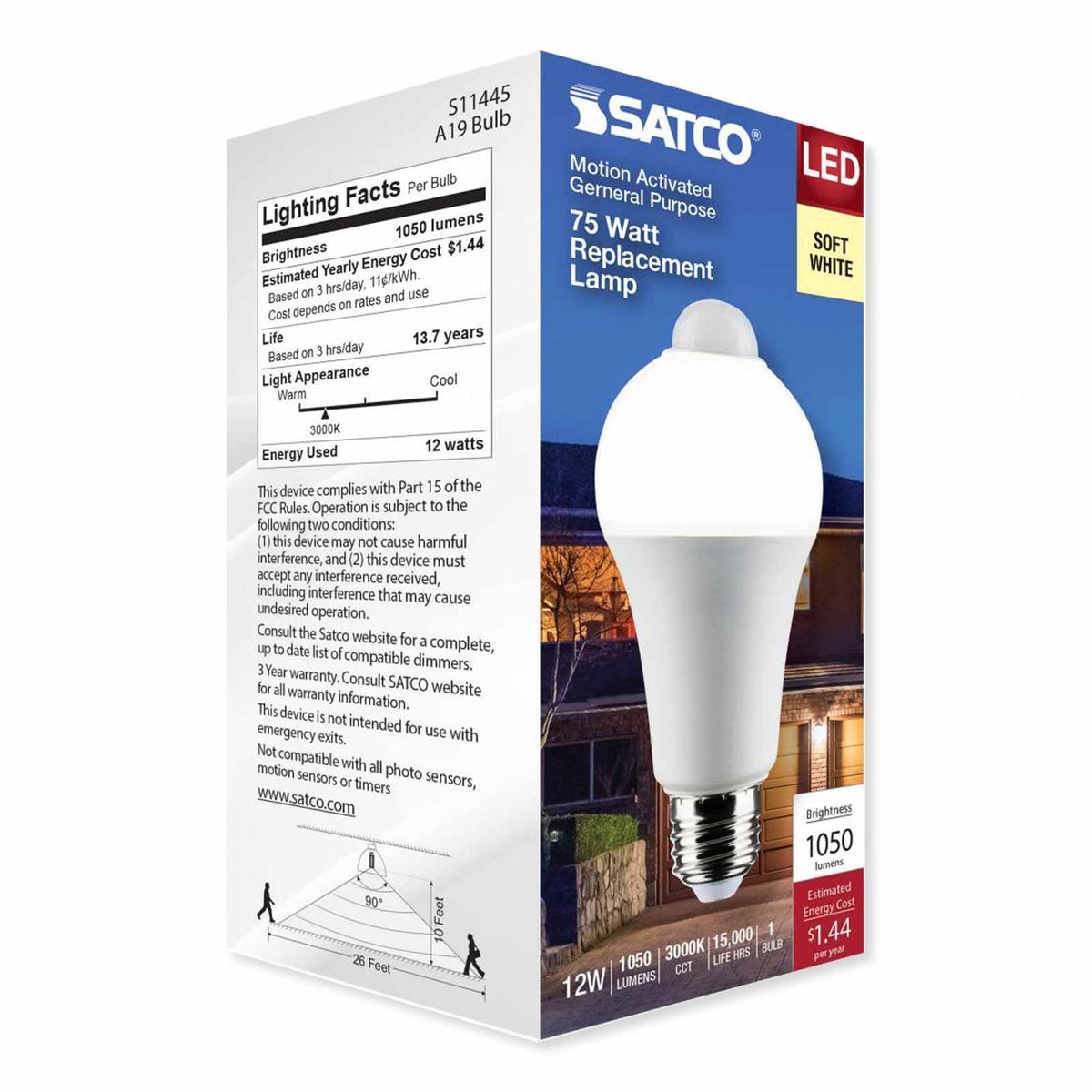 Satco LED PIR Sensor Lamp, A19, 5000K