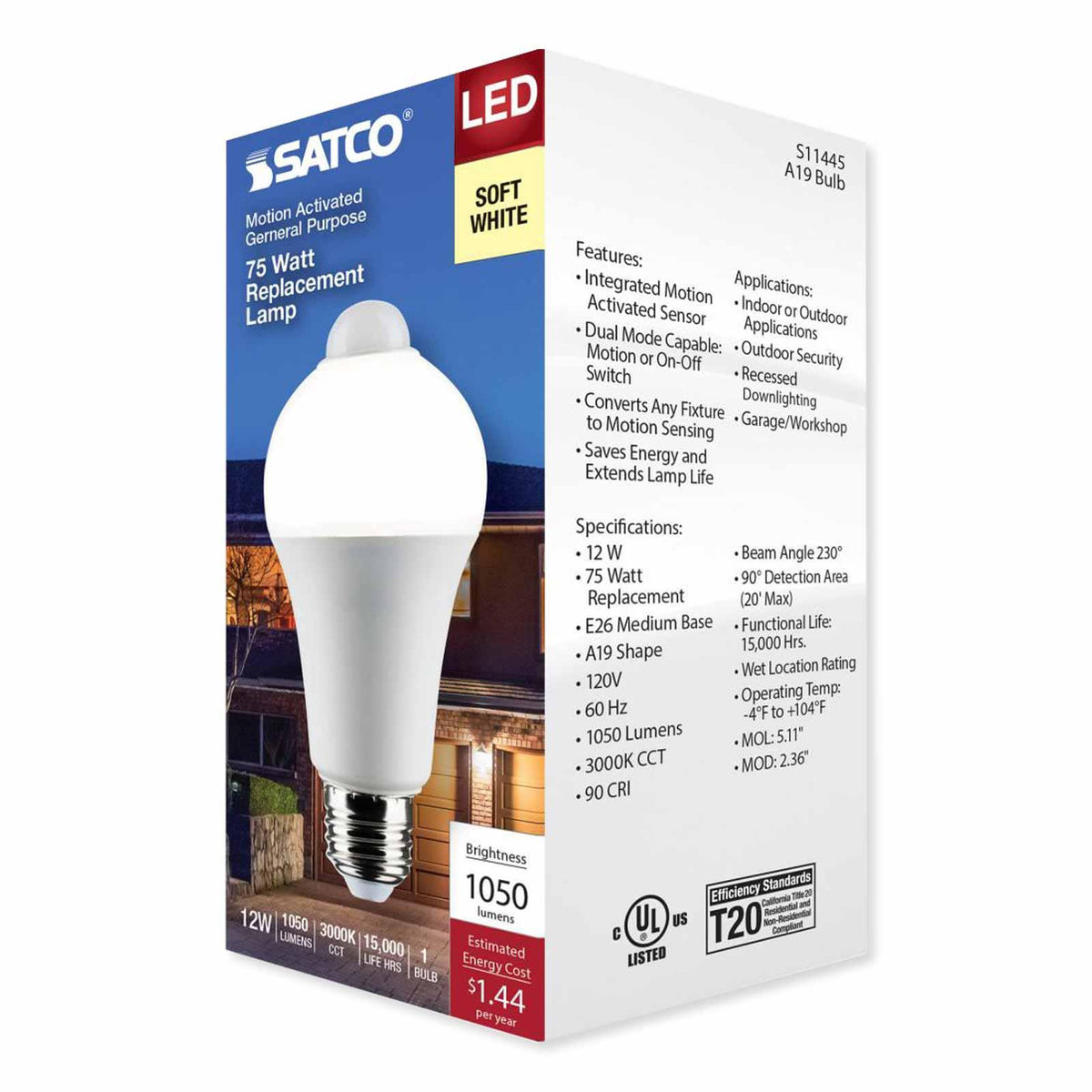 Satco LED PIR Sensor Lamp, A19, 5000K