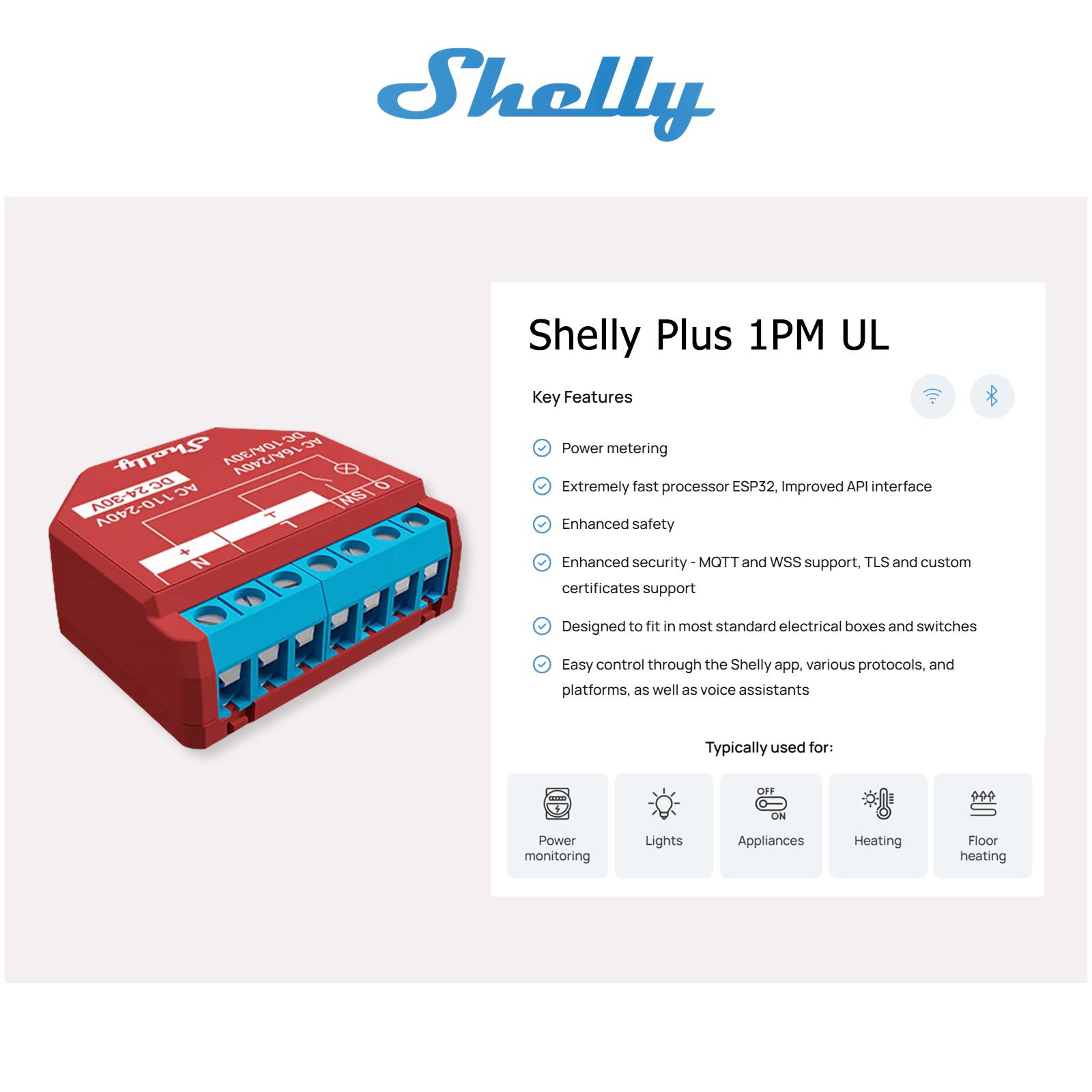 Shelly Plus 1PM UL Certified, Wifi Smart Relay with Power Metering
