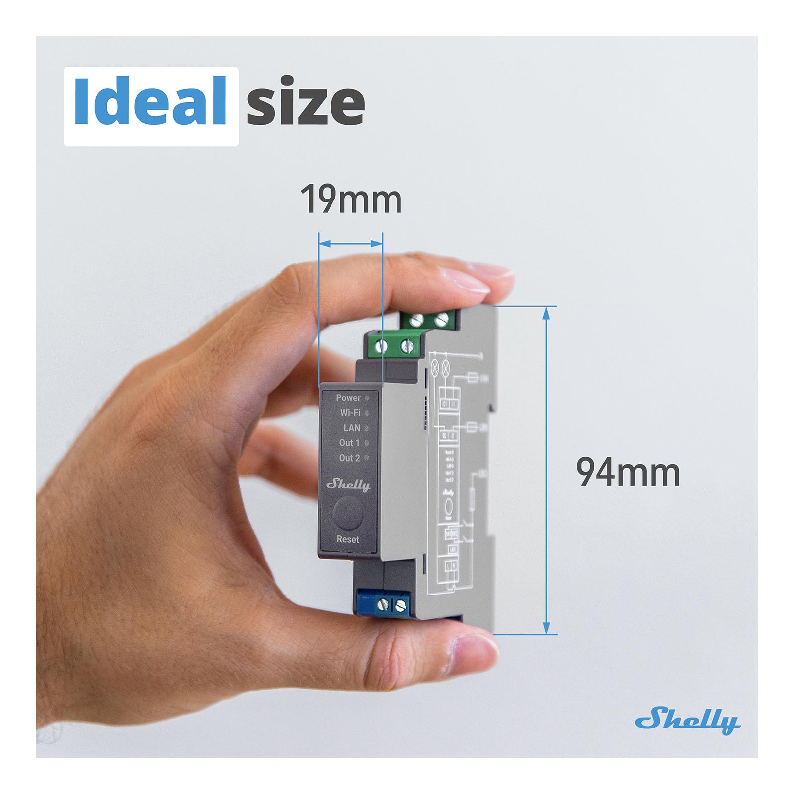 1-phase, 2-channel relay with potential-free outputs (dry contacts), supporting a total device maximum of 25A for professional lights and appliance automation