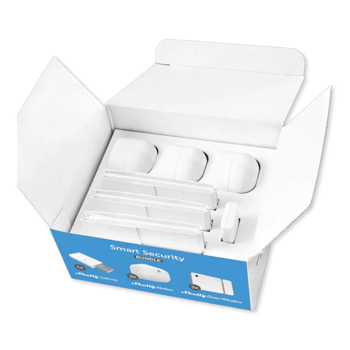 Shelly Smart Security Bundle Pack includes: Shelly BLU Door/Window, Shelly BLU Motion and Shelly BLU Gateway