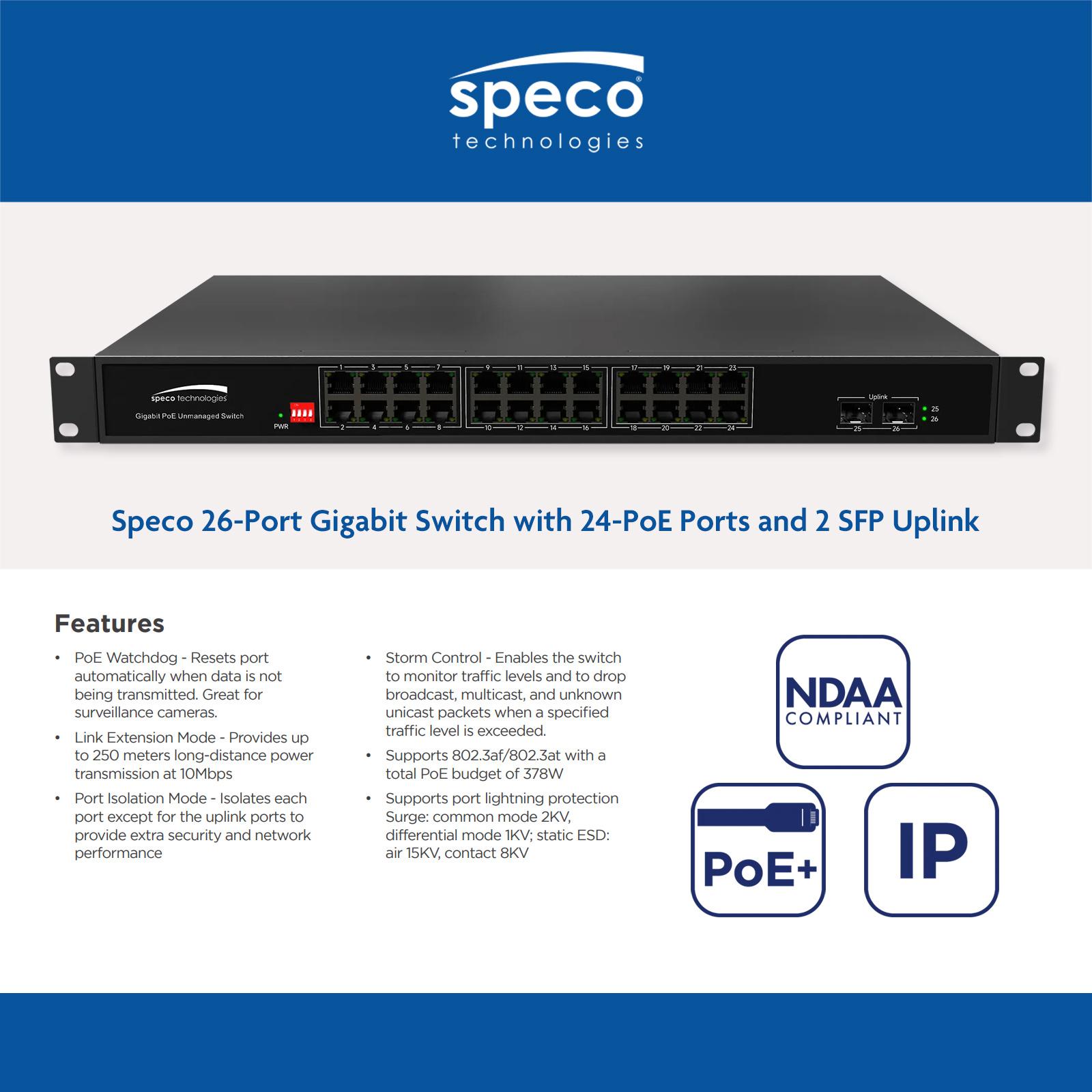 Speco 26-Port Gigabit Switch with 24-PoE Ports and 2 SFP Uplink
