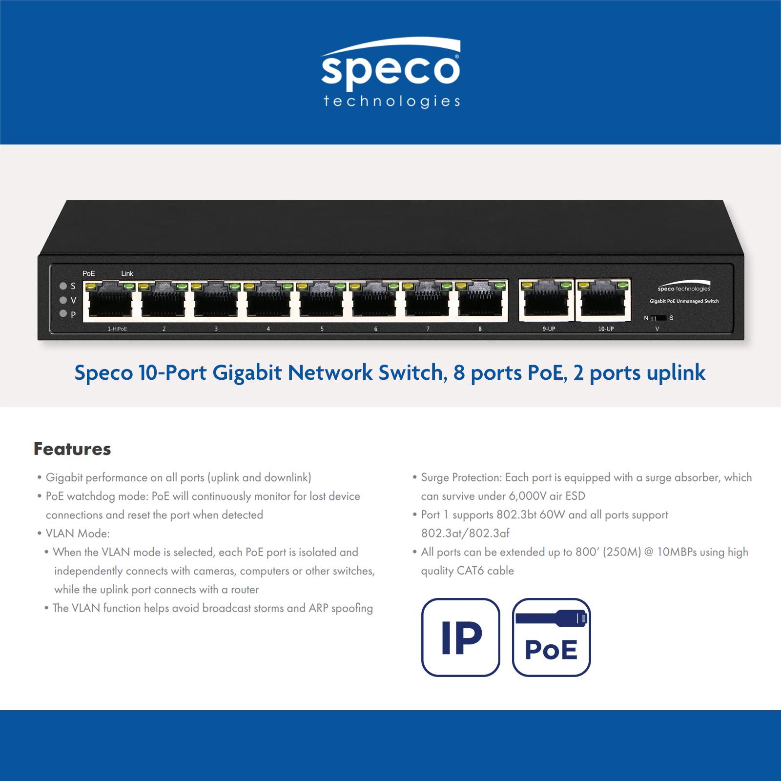 Speco 10-Port Gigabit Network Switch (8 PoE Ports, 2 Ports Uplink)