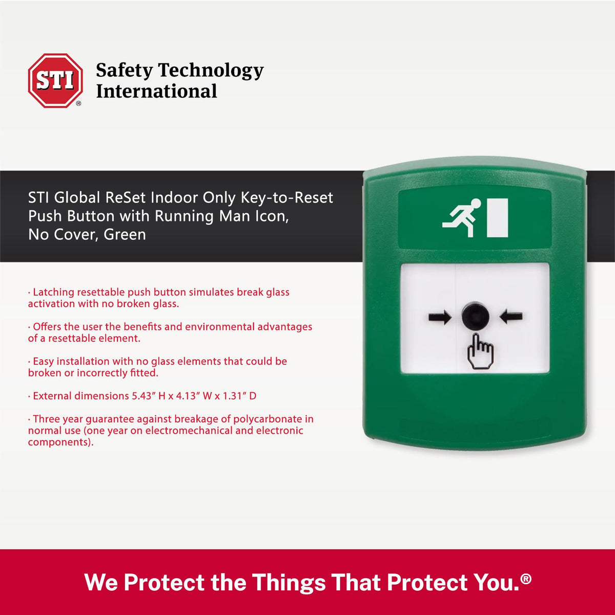 STI Global ReSet Indoor Only Key-to-Reset Push Button with Running Man Icon, No Cover, Green