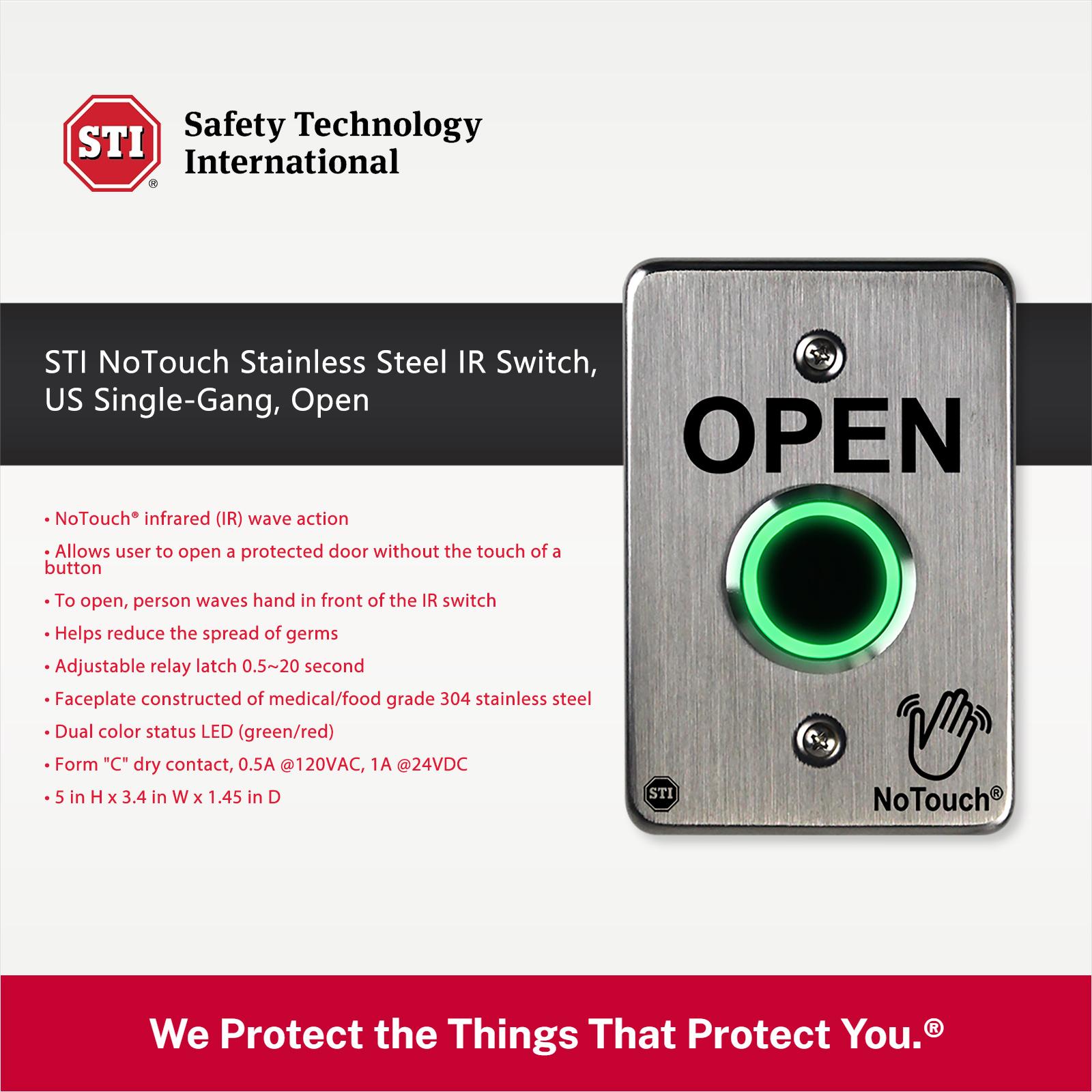 STI NoTouch Stainless Steel IR Switch, US Single-Gang, Open