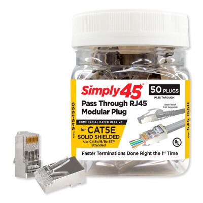 Simply45 Pass-Through RJ45 Modular Plug for Cat5e Solid Sheilded (50 Pack)
