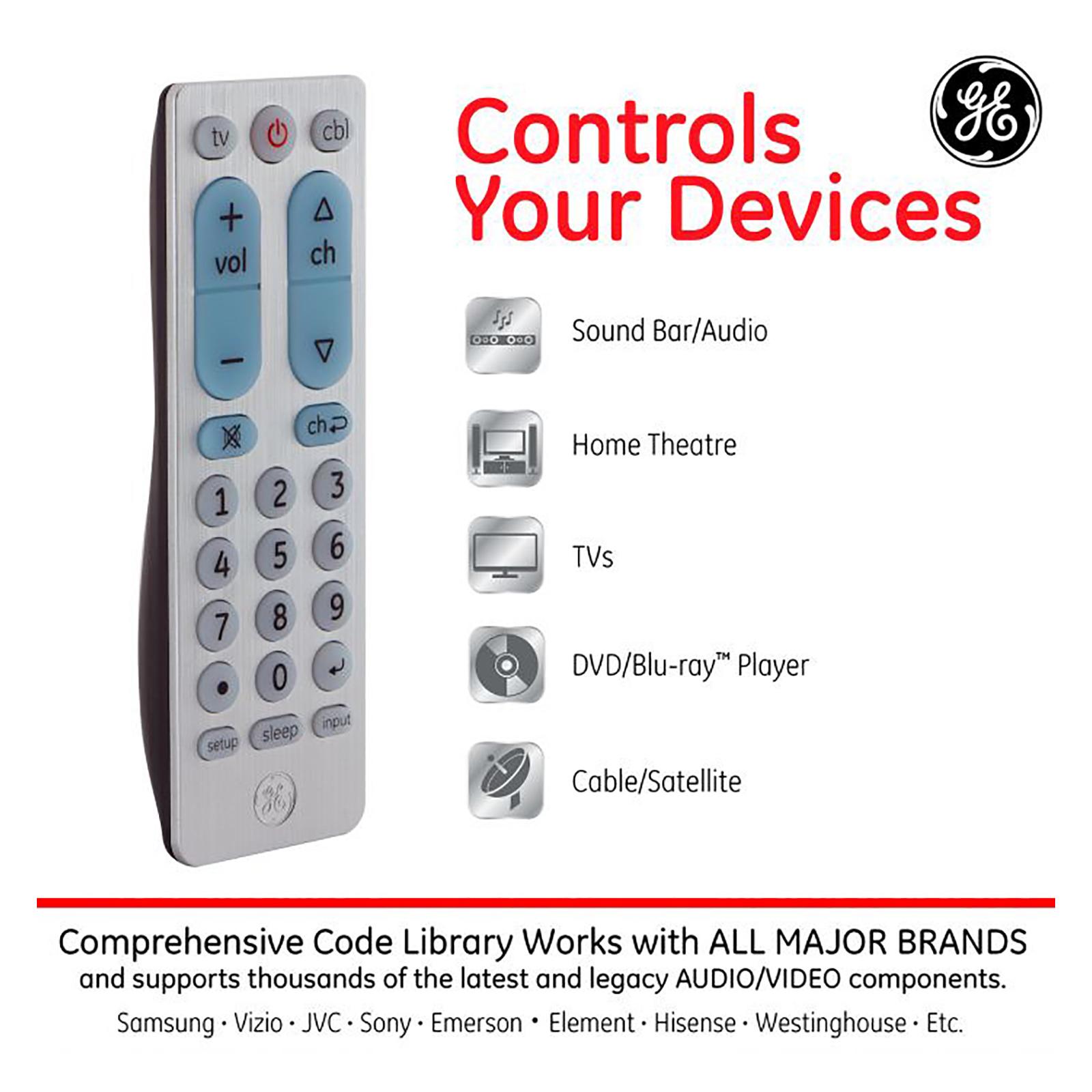 GE Remotes - Control Your Devices: Sound Bar/Audio. Home Theatre. TVs. DVD/Blu-ray Player. Cable/Satellite. Comprehensive Code Library Works with ALL MAJOR BRANDS and supports thousands of the latest legacy AUDIO/VIDEO components. Samsung - Vizio - JVC - Sony - Emerson - Element - Hisense - Westinghouse - Etc.