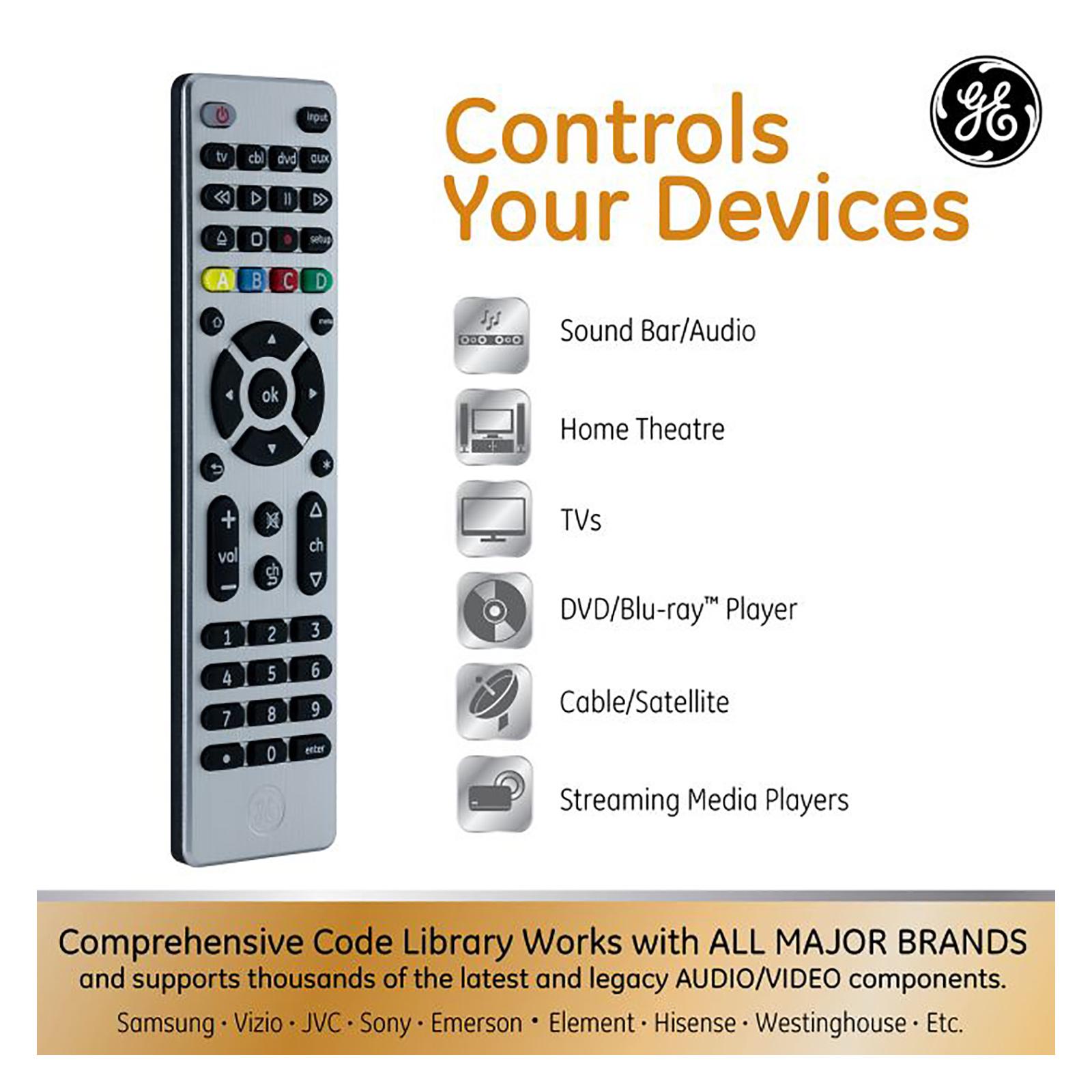 GE Remotes - Control Your Devices: Sound Bar/Audio. Home Theatre. TVs. DVD/Blu-ray Player. Cable/Satellite. Comprehensive Code Library Works with ALL MAJOR BRANDS and supports thousands of the latest legacy AUDIO/VIDEO components. Samsung - Vizio - JVC - Sony - Emerson - Element - Hisense - Westinghouse - Etc.