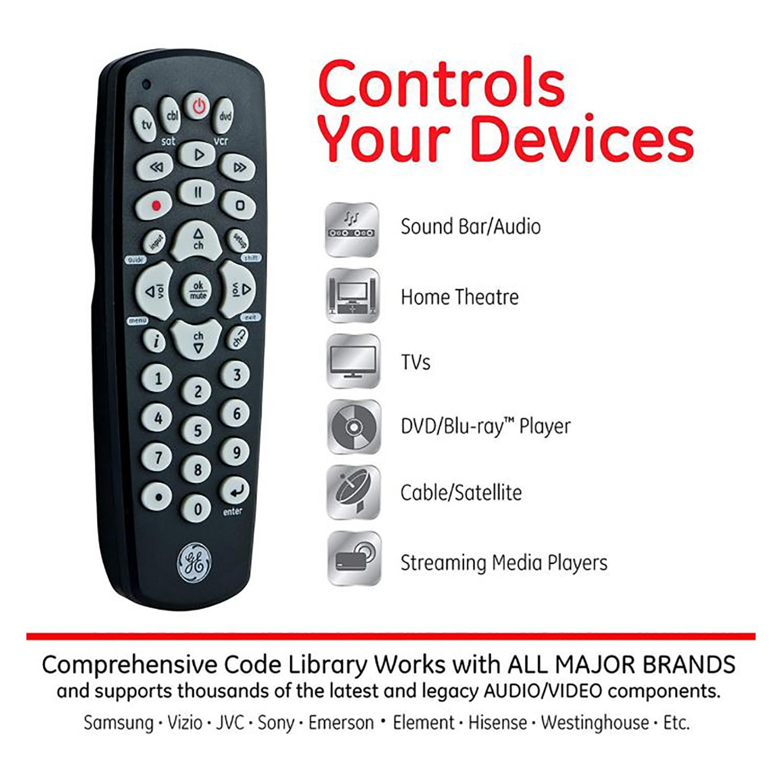 GE Remotes - Control Your Devices: Sound Bar/Audio. Home Theatre. TVs. DVD/Blu-ray Player. Cable/Satellite. Comprehensive Code Library Works with ALL MAJOR BRANDS and supports thousands of the latest legacy AUDIO/VIDEO components. Samsung - Vizio - JVC - Sony - Emerson - Element - Hisense - Westinghouse - Etc.