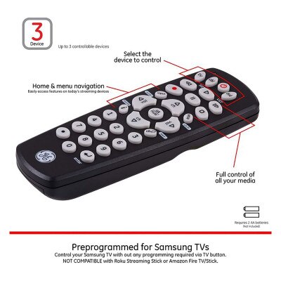 GE 3-Device Universal Remote Control, Black