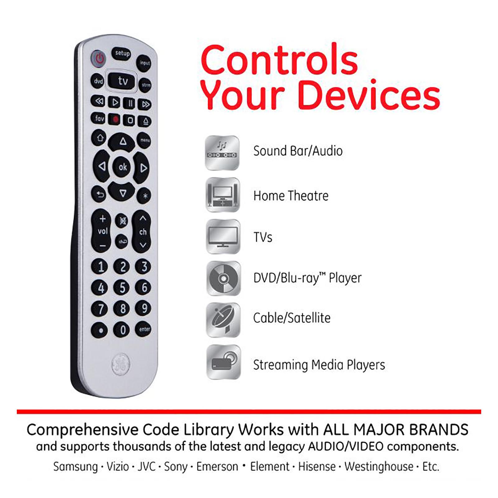 GE Remotes - Control Your Devices: Sound Bar/Audio. Home Theatre. TVs. DVD/Blu-ray Player. Cable/Satellite. Comprehensive Code Library Works with ALL MAJOR BRANDS and supports thousands of the latest legacy AUDIO/VIDEO components. Samsung - Vizio - JVC - Sony - Emerson - Element - Hisense - Westinghouse - Etc.