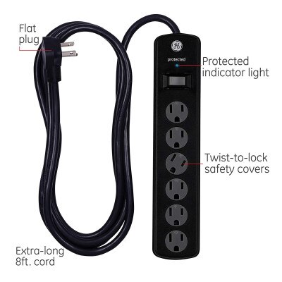 GE 6-Outlet Surge Protector with Twist-to-Close Covers, 8 Ft, 2 Pack