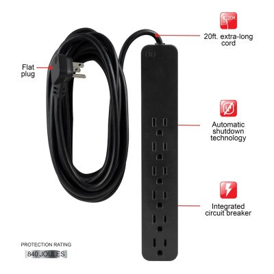 GE 6-Outlet Surge Protector, 20 Ft, Black