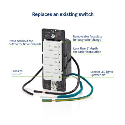 Leviton Decora Preset Countdown Timer Wall Switch, 30 Min (5, 10, 15, 30 Min)