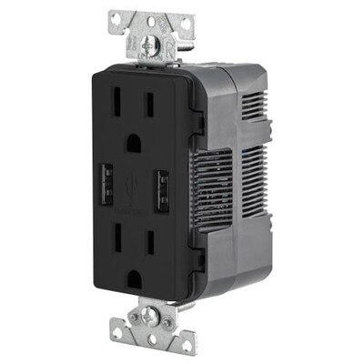 Leviton 2-Port USB Charger & Tamper-Resistant Duplex Receptacle, 15A, Black