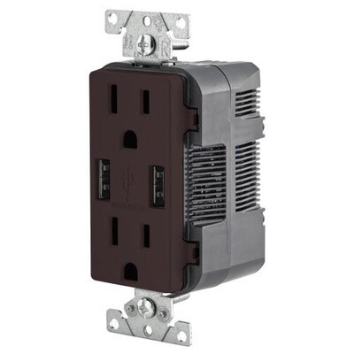 Leviton 2-Port USB Charger & Tamper-Resistant Duplex Receptacle, 15A, Brown