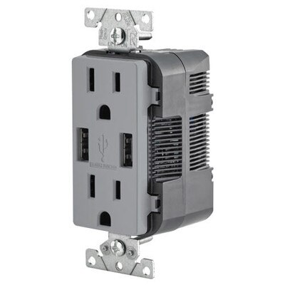 Leviton 2-Port USB Charger & Tamper-Resistant Duplex Receptacle, 15A, Gray