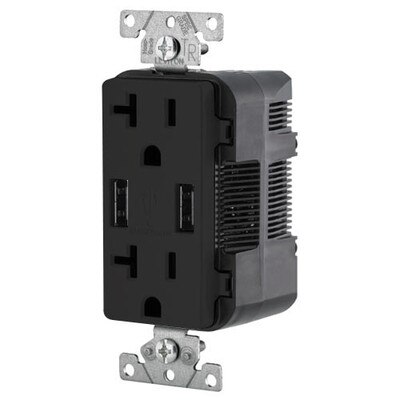 Leviton 2-Port USB Charger & Tamper-Resistant Duplex Receptacle, 20A, Black