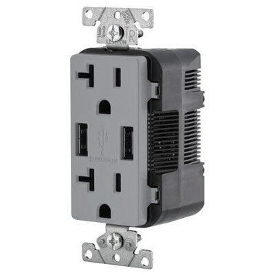 Leviton 2-Port USB Charger & Tamper-Resistant Duplex Receptacle, 20A, Gray