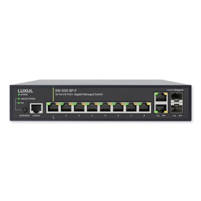 Luxul 12 Port/8 PoE+ Gigabit Managed Switch, Front Facing