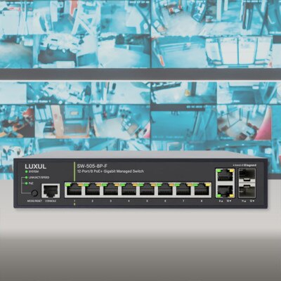 Luxul 12 Port/8 PoE+ Gigabit Managed Switch, Front Facing