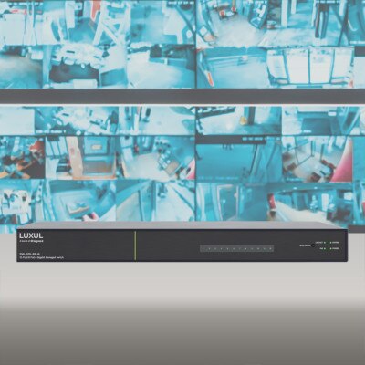 Luxul 12 Port/8 PoE+ Gigabit Managed Switch, Rear Facing