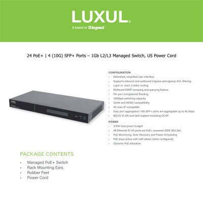 Luxul 28 Port PoE+/SFP+ Gigabit Managed Switch, Rear Facing