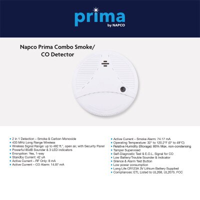 Napco Prima Combo Smoke/CO Detector, 433 MHz
