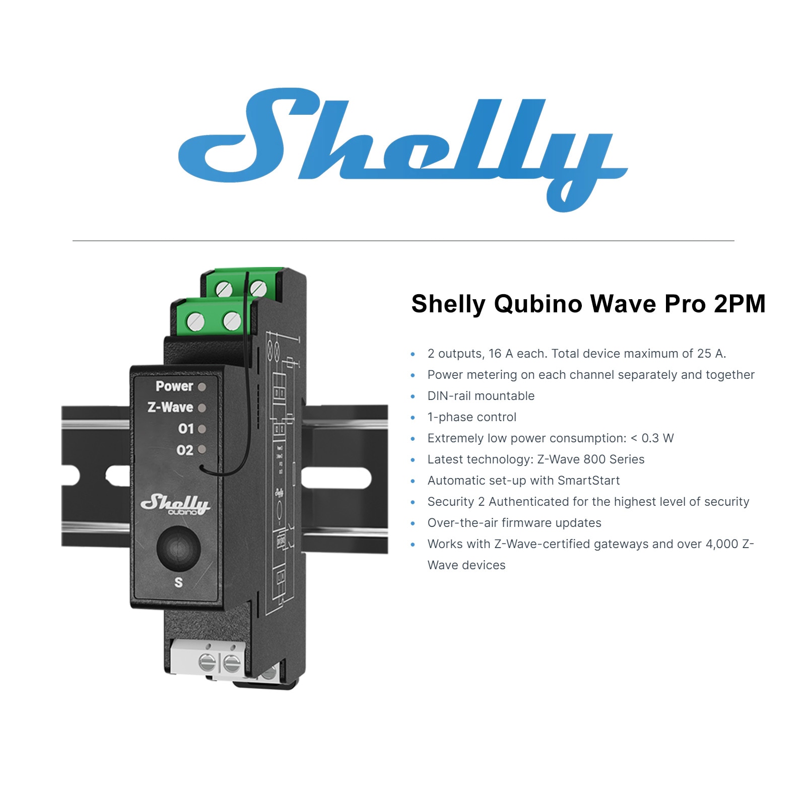 Shelly Wave Pro 2PM Z-Wave 800 Relay Module with Power Monitoring