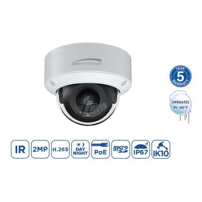 Speco 2MP H.265 IP Dome Camera with IR, 2.8mm Fixed Lens