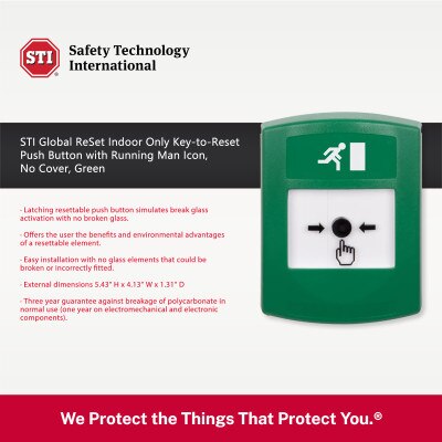 STI Global ReSet Indoor Only Key-to-Reset Push Button with Running Man Icon, No Cover, Green