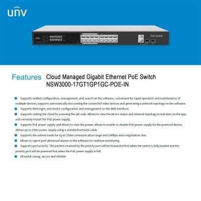 Uniview NSW3000 Series Cloud Managed Ethernet PoE Switch, 16 Port, 250W