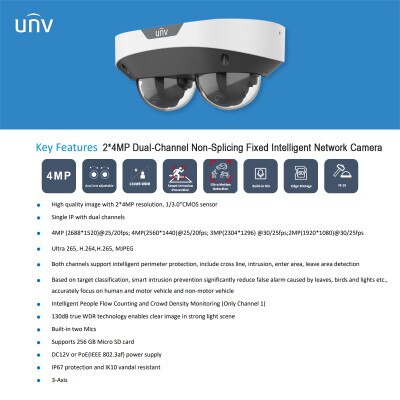 Uniview 4MP Dual Lens Non-Splicing Dome Camera, 2.8mm Fixed Lens