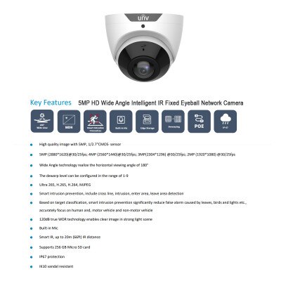 Uniview 5MP HD Wide Angle Intelligent IR Fixed Eyeball Network Camera