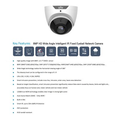 Uniview 8MP HD Wide Angle Intelligent IR Fixed Eyeball Network Camera