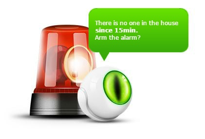 Marketing Image Alarm Reminder | FIBARO : Z-Wave Motion Sensor next to an alarm light with a speech bubble says: There is no one in the souce since 15 minutes. Arm the alarm?