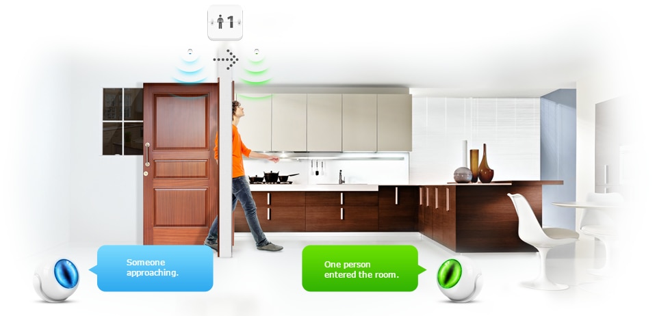 Motion Sensor Marketing | Two FIBARO Motion Sensors mounted on either side of a doorway communicate that a person is walking through the door. One says Somone is approaching, and the other is saying One person entered the room