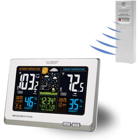 Image of LCD display station, the La Crosse Wireless Color Weather Station comes with temperature/humidity sensor.