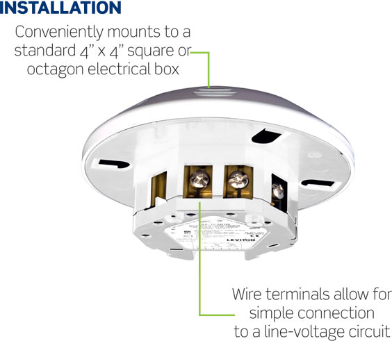 Installation Diagram for Levition ODC Series: 1) Conveniently mounts to a standard 4-in by 4-in square or octagon electrical box. 2) Wire terminals allow for simple connection to a line-voltage circuit.