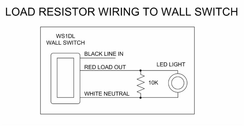 Wiring Diagram for PCS 10K Load Resistor for LED Lighting: Load Resistor Wiring to Wall Switch: the WS1DL uses Black Line In, Red Line Out, and White Neutral to connect to an LED Light.