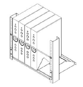 Diagram of VMP Adjustable Eight Receiver Rack Shelf holding four receivers.