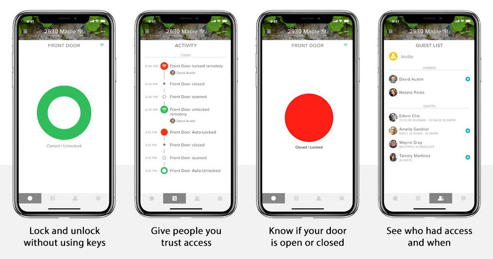 Four images viewing the August App Dashboard: *Door Unlocked *Lock Activity *Door Locked *Who Has Access