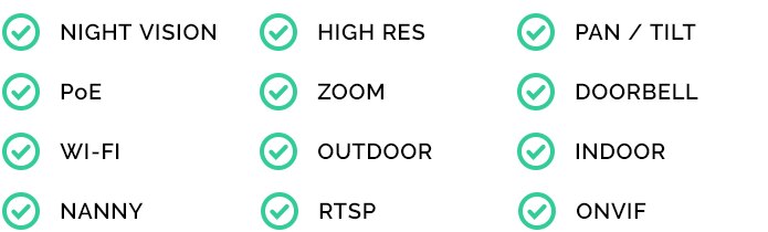 Camect Hub Supported Camera Types & Features: Night Vision, High Res, Pan/Tilt, PoE (Power over Ethernet, Zoom, Doorbell, Wi-Fi, Outdoor, Indoor, Nanny, RTSP, and ONVIF